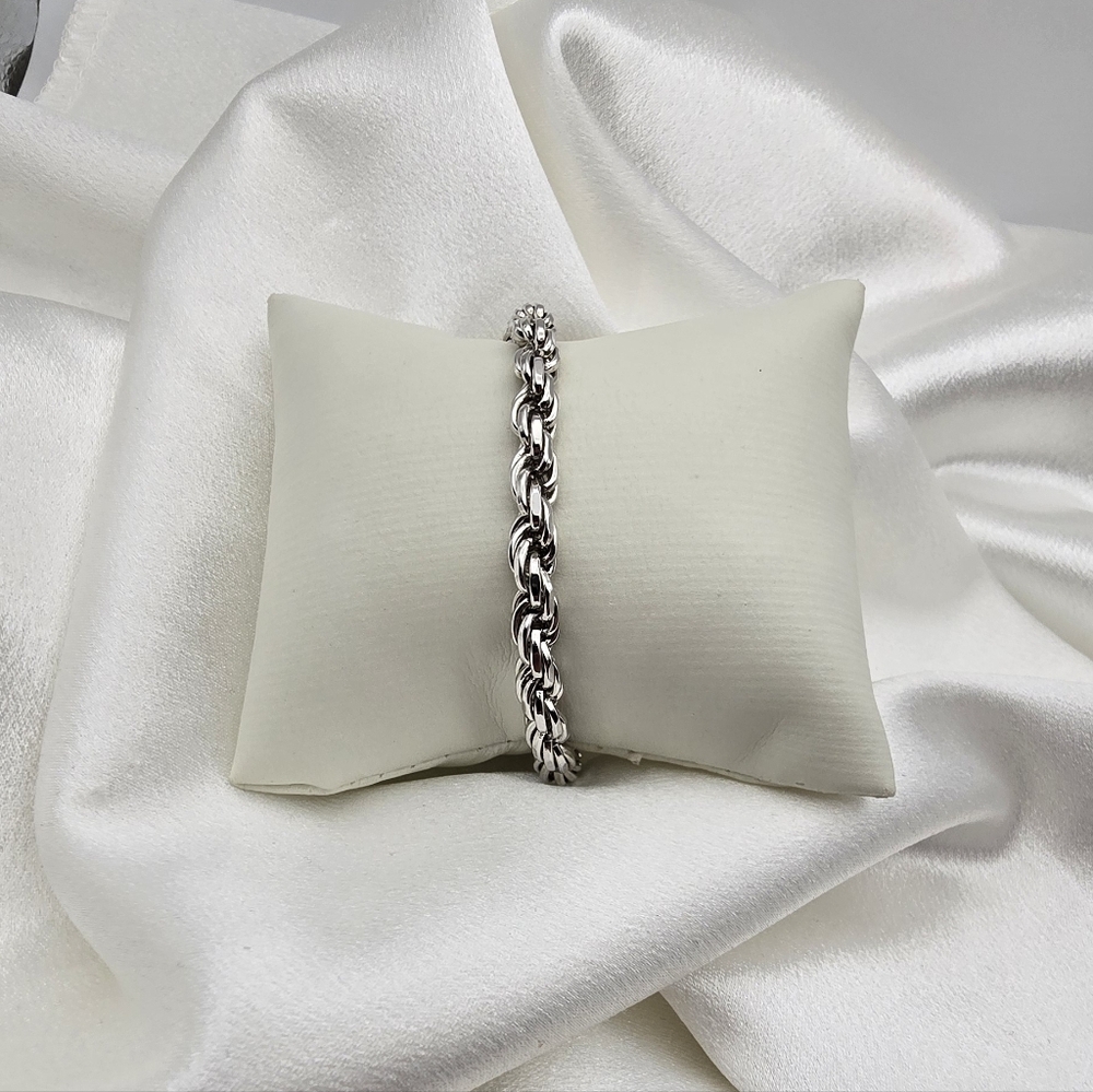 18k White Gold Over Sterling Silver Diamond Cut Rope Bracelet & Moissanite Clasp
